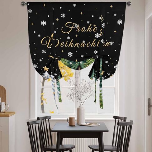 Black Christmas Tree Tie Up Curtains for Window, Xmas Trees Snowflakes Winter Holiday Thermal Balloon Shade Adjustable Rod Pocket Curtains Valance Panels for Kitchen Bathroom Café 52'' x 63'' in Saudi Arabia
