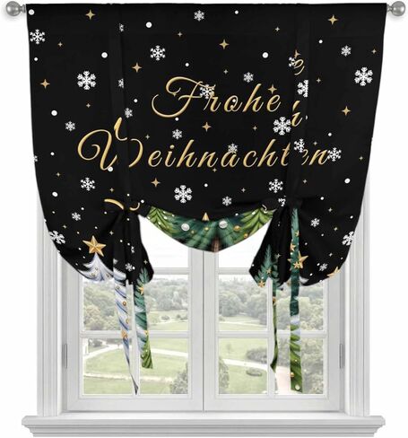 Black Christmas Tree Tie Up Curtains for Window, Xmas Trees Snowflakes Winter Holiday Thermal Balloon Shade Adjustable Rod Pocket Curtains Valance Panels for Kitchen Bathroom Café 52'' x 63'' in Saudi Arabia