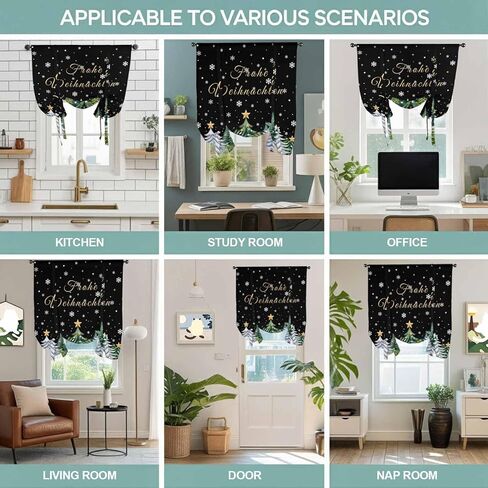 Black Christmas Tree Tie Up Curtains for Window, Xmas Trees Snowflakes Winter Holiday Thermal Balloon Shade Adjustable Rod Pocket Curtains Valance Panels for Kitchen Bathroom Café 52'' x 63'' in Saudi Arabia