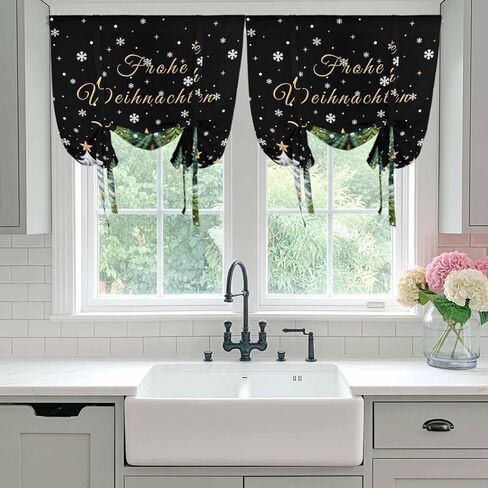 Black Christmas Tree Tie Up Curtains for Window, Xmas Trees Snowflakes Winter Holiday Thermal Balloon Shade Adjustable Rod Pocket Curtains Valance Panels for Kitchen Bathroom Café 52'' x 63'' in Saudi Arabia