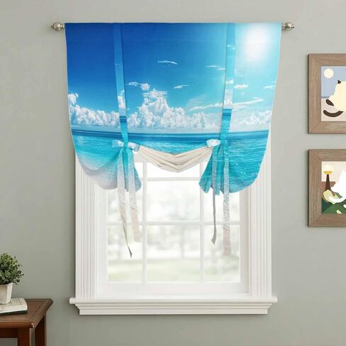 Coastal Beach Tie Up Curtains for Window, Modern Ocean Wave Sea Nautical Sky Blue Thermal Insulated Balloon Shade Adjustable Rod Pocket Curtains Valance Panels for Kitchen Bathroom Café 34'' x 45'' in Saudi Arabia