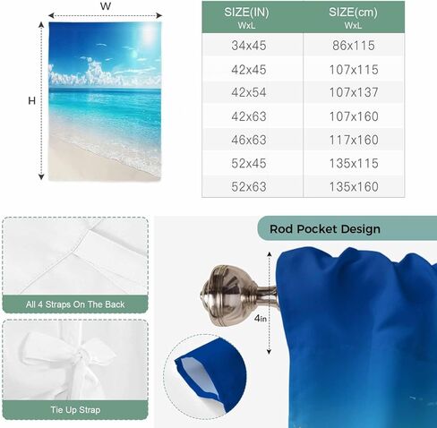 Coastal Beach Tie Up Curtains for Window, Modern Ocean Wave Sea Nautical Sky Blue Thermal Insulated Balloon Shade Adjustable Rod Pocket Curtains Valance Panels for Kitchen Bathroom Café 34'' x 45'' in Saudi Arabia
