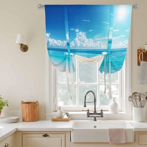Coastal Beach Tie Up Curtains for Window, Modern Ocean Wave Sea Nautical Sky Blue Thermal Insulated Balloon Shade Adjustable Rod Pocket Curtains Valance Panels for Kitchen Bathroom Café 34'' x 45'' in Saudi Arabia