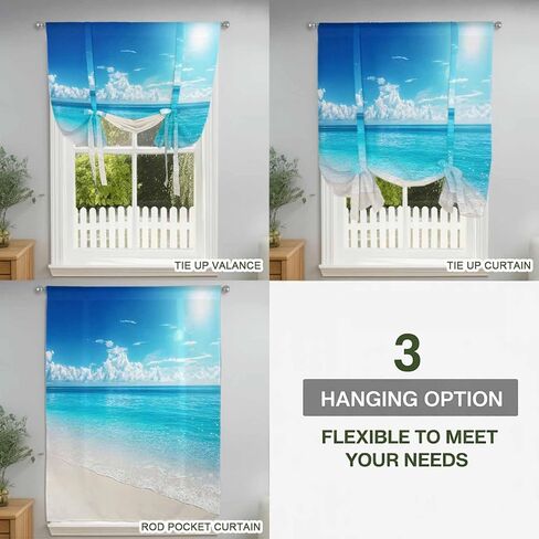 Coastal Beach Tie Up Curtains for Window, Modern Ocean Wave Sea Nautical Sky Blue Thermal Insulated Balloon Shade Adjustable Rod Pocket Curtains Valance Panels for Kitchen Bathroom Café 34'' x 45'' in Saudi Arabia