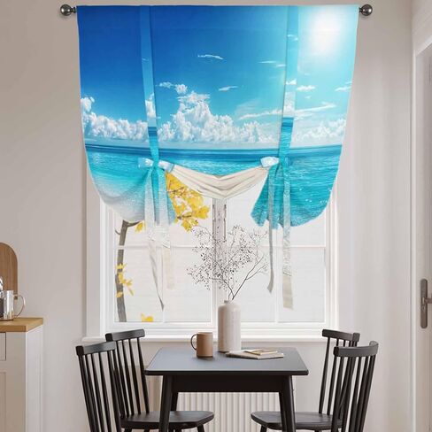 Coastal Beach Tie Up Curtains for Window, Modern Ocean Wave Sea Nautical Sky Blue Thermal Insulated Balloon Shade Adjustable Rod Pocket Curtains Valance Panels for Kitchen Bathroom Café 34'' x 45'' in Saudi Arabia