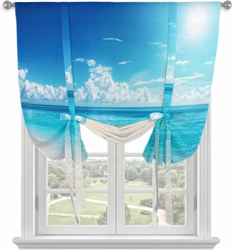 Coastal Beach Tie Up Curtains for Window, Modern Ocean Wave Sea Nautical Sky Blue Thermal Insulated Balloon Shade Adjustable Rod Pocket Curtains Valance Panels for Kitchen Bathroom Café 34'' x 45'' in Saudi Arabia