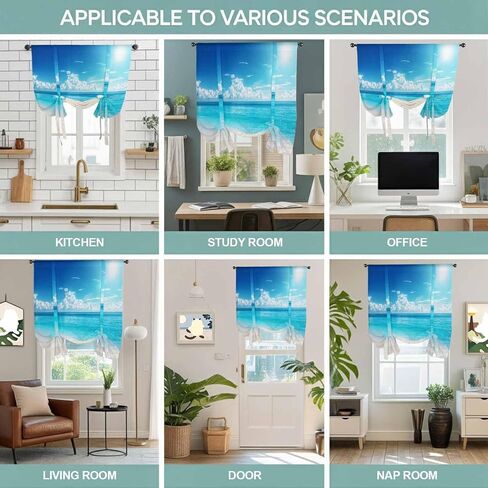 Coastal Beach Tie Up Curtains for Window, Modern Ocean Wave Sea Nautical Sky Blue Thermal Insulated Balloon Shade Adjustable Rod Pocket Curtains Valance Panels for Kitchen Bathroom Café 34'' x 45'' in Saudi Arabia