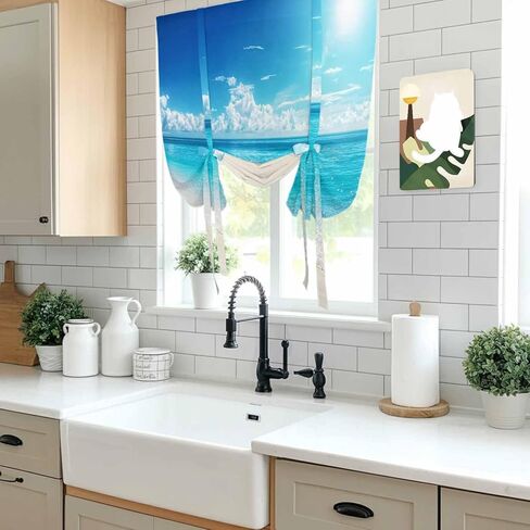 Coastal Beach Tie Up Curtains for Window, Modern Ocean Wave Sea Nautical Sky Blue Thermal Insulated Balloon Shade Adjustable Rod Pocket Curtains Valance Panels for Kitchen Bathroom Café 34'' x 45'' in Saudi Arabia