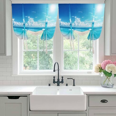 Coastal Beach Tie Up Curtains for Window, Modern Ocean Wave Sea Nautical Sky Blue Thermal Insulated Balloon Shade Adjustable Rod Pocket Curtains Valance Panels for Kitchen Bathroom Café 34'' x 45'' in Saudi Arabia