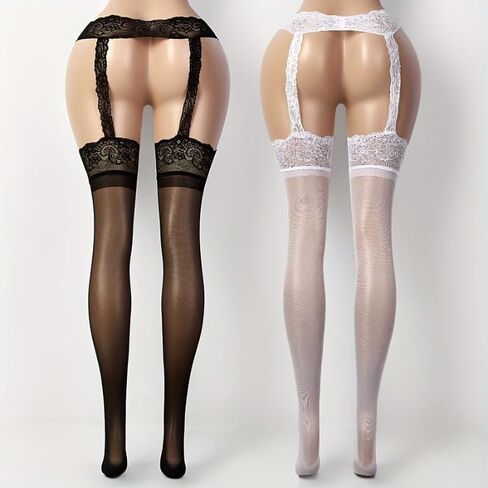 2-Pack Women's Elegant Sheer Strapless Socks Set - Black and White Lace Trim High-Waist Breathable Elastic in Saudi Arabia
