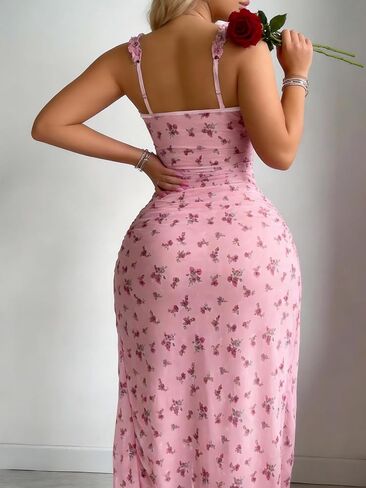 Women's Pink Floral Ruched Maxi Dress Sexy Spaghetti Strap Sleepwear with Side Slit in Saudi Arabia
