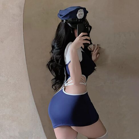 الزي الرسمي المثير لضابط الشرطة للنساء، زي الرسوم المتحركة التنكري، فستان قصير للعب الأدوار، تنورة قصيرة للهالوين، مجموعة ربطة عنق باللون الأزرق in Kuwait