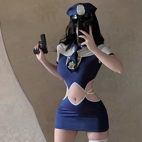 الزي الرسمي المثير لضابط الشرطة للنساء، زي الرسوم المتحركة التنكري، فستان قصير للعب الأدوار، تنورة قصيرة للهالوين، مجموعة ربطة عنق باللون الأزرق in Kuwait
