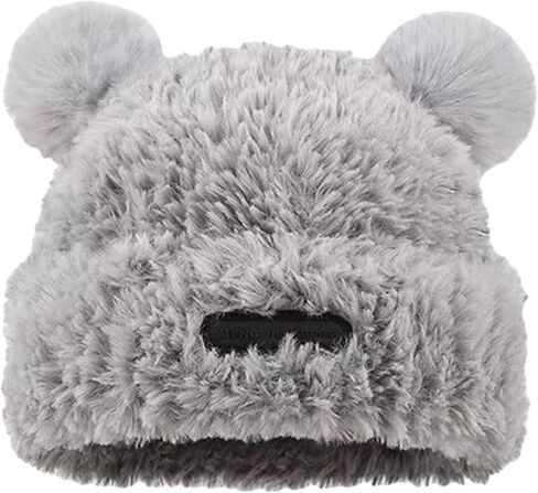 Women Bear Ears Beanie Cute Floppy Knitted Hat with Folded Brim Fleece Winter Fuzzy Plush Animal Ear Hat in Kuwait