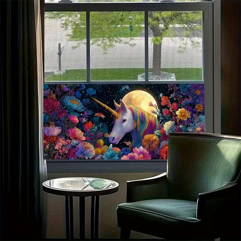 فيلم نافذة من الزجاج الملون مقاس 39.37 × 17.71 بوصة، ملصق نافذة مزخرف بالزهور على شكل وحيد القرن السحري قابل للتقشير والعصا، ملصق ثابت قابل للإزالة لديكور المنزل in Kuwait