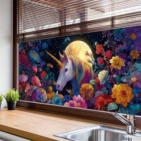 فيلم نافذة من الزجاج الملون مقاس 39.37 × 17.71 بوصة، ملصق نافذة مزخرف بالزهور على شكل وحيد القرن السحري قابل للتقشير والعصا، ملصق ثابت قابل للإزالة لديكور المنزل in Kuwait