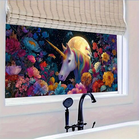 فيلم نافذة من الزجاج الملون مقاس 39.37 × 17.71 بوصة، ملصق نافذة مزخرف بالزهور على شكل وحيد القرن السحري قابل للتقشير والعصا، ملصق ثابت قابل للإزالة لديكور المنزل in Kuwait