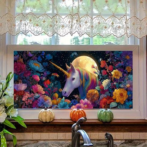 فيلم نافذة من الزجاج الملون مقاس 39.37 × 17.71 بوصة، ملصق نافذة مزخرف بالزهور على شكل وحيد القرن السحري قابل للتقشير والعصا، ملصق ثابت قابل للإزالة لديكور المنزل in Kuwait