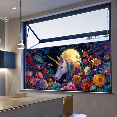 فيلم نافذة من الزجاج الملون مقاس 39.37 × 17.71 بوصة، ملصق نافذة مزخرف بالزهور على شكل وحيد القرن السحري قابل للتقشير والعصا، ملصق ثابت قابل للإزالة لديكور المنزل in Kuwait