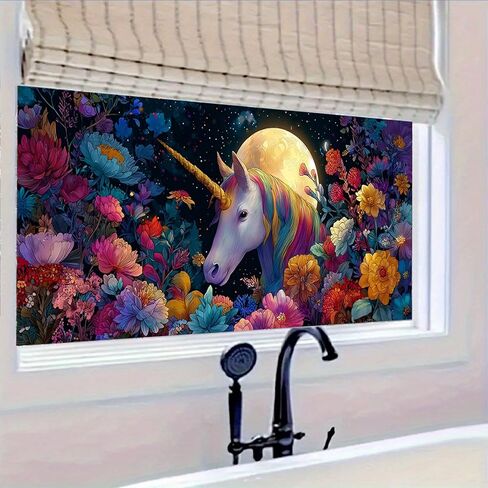 فيلم نافذة من الزجاج الملون مقاس 39.37 × 17.71 بوصة، ملصق نافذة مزخرف بالزهور على شكل وحيد القرن السحري قابل للتقشير والعصا، ملصق ثابت قابل للإزالة لديكور المنزل in Kuwait