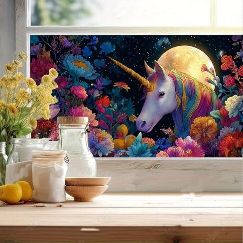 فيلم نافذة من الزجاج الملون مقاس 39.37 × 17.71 بوصة، ملصق نافذة مزخرف بالزهور على شكل وحيد القرن السحري قابل للتقشير والعصا، ملصق ثابت قابل للإزالة لديكور المنزل in Kuwait