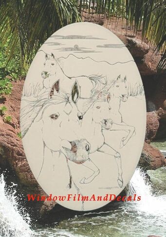 Wild Horses Oval Etched Window Decal Vinyl Glass Cling - 10.5" x 16" - White with Clear Design Elements in Saudi Arabia