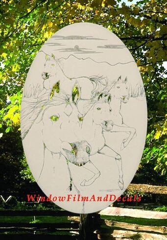 Wild Horses Oval Etched Window Decal Vinyl Glass Cling - 10.5" x 16" - White with Clear Design Elements in Saudi Arabia