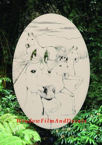 Wild Horses Oval Etched Window Decal Vinyl Glass Cling - 10.5" x 16" - White with Clear Design Elements in Saudi Arabia