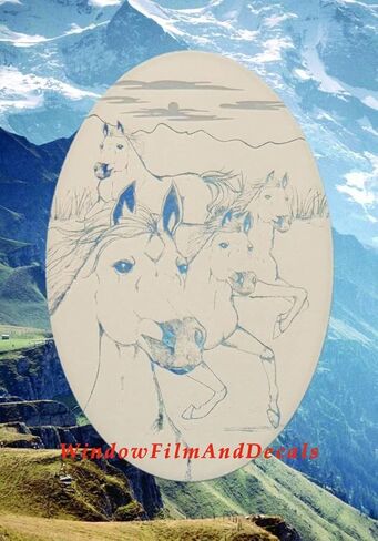 Wild Horses Oval Etched Window Decal Vinyl Glass Cling - 10.5" x 16" - White with Clear Design Elements in Saudi Arabia