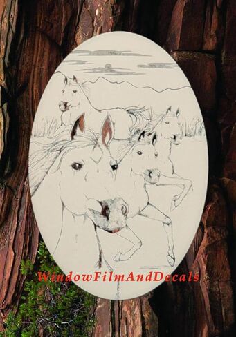 Wild Horses Oval Etched Window Decal Vinyl Glass Cling - 10.5" x 16" - White with Clear Design Elements in Saudi Arabia