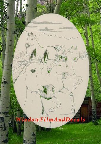 Wild Horses Oval Etched Window Decal Vinyl Glass Cling - 10.5" x 16" - White with Clear Design Elements in Saudi Arabia