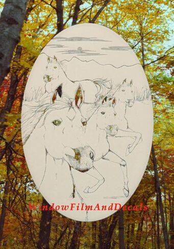 Wild Horses Oval Etched Window Decal Vinyl Glass Cling - 10.5" x 16" - White with Clear Design Elements in Saudi Arabia