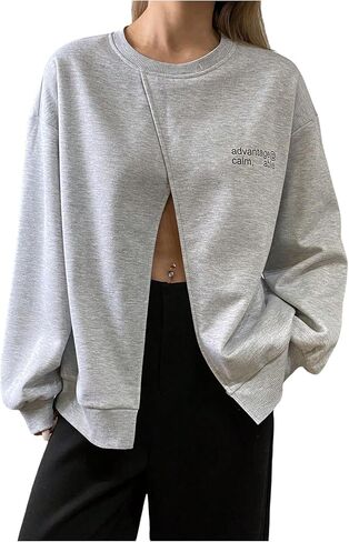 Floerns Women's Letter Print Crew Neck Sweatshirt Long Sleeve High Split Casual Pullover Tops in Saudi Arabia