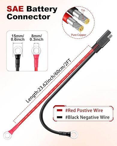 EXTRACTME 16AWG SAE Battery Connector Cable, 2Pcs SAE to O Ring Terminal Harness with 15A Protection Fuse, 2-Pin Quick Disconnect Plug, SAE Battery Extension Cable for Solar Panel Motorcycle Boat 2FT in Kuwait