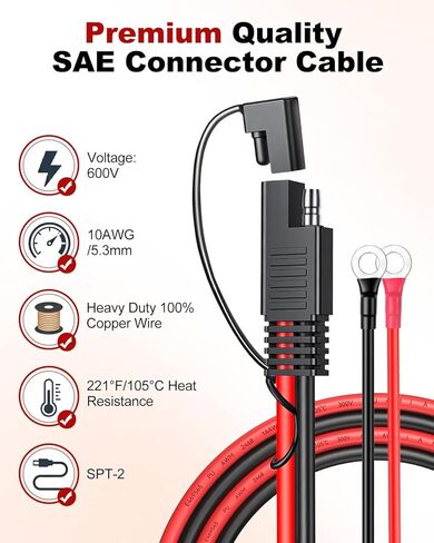 EXTRACTME 16AWG SAE Battery Connector Cable, 2Pcs SAE to O Ring Terminal Harness with 15A Protection Fuse, 2-Pin Quick Disconnect Plug, SAE Battery Extension Cable for Solar Panel Motorcycle Boat 2FT in Kuwait