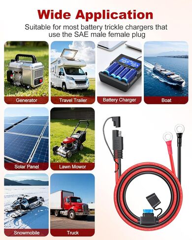 EXTRACTME 16AWG SAE Battery Connector Cable, 2Pcs SAE to O Ring Terminal Harness with 15A Protection Fuse, 2-Pin Quick Disconnect Plug, SAE Battery Extension Cable for Solar Panel Motorcycle Boat 2FT in Kuwait