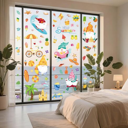 93Pcs Summer Window Clings, Double Sided Beach Hawaii Gnomes Summer Window Decals Stickers for Home Office School Holiday Party Decorations in Kuwait