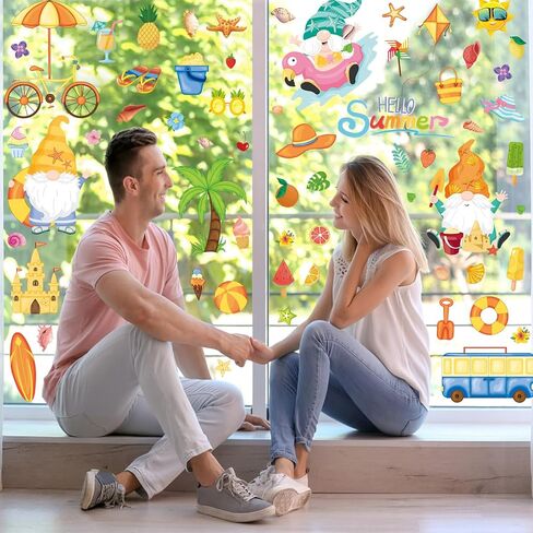 93Pcs Summer Window Clings, Double Sided Beach Hawaii Gnomes Summer Window Decals Stickers for Home Office School Holiday Party Decorations in Kuwait