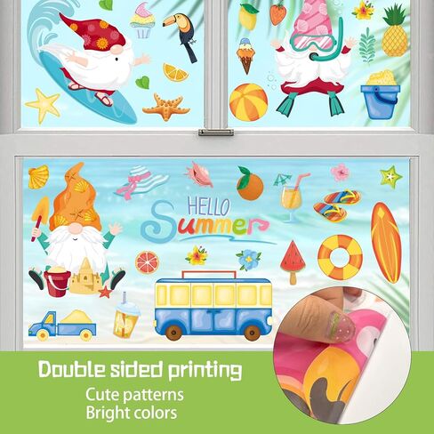 93Pcs Summer Window Clings, Double Sided Beach Hawaii Gnomes Summer Window Decals Stickers for Home Office School Holiday Party Decorations in Kuwait