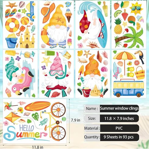 93Pcs Summer Window Clings, Double Sided Beach Hawaii Gnomes Summer Window Decals Stickers for Home Office School Holiday Party Decorations in Kuwait
