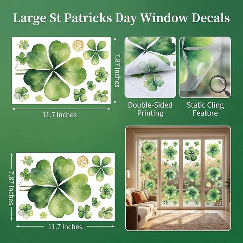 St Patrick’s Day Window Stickers Shamrock Clover Static Clings Double Sided Decals for Glass Panels Store Window Spring Decor 5 Sheets in Saudi Arabia