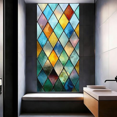 غشاء نافذة من الزجاج الملون الماسي مقاس 17.5 × 39.4 بوصة، ملصق ملون للنوافذ مزخرف بملصقات ثابتة للباب الأمامي للحمام (نمط هندسي 2، 39.4 بوصة × 17.4 بوصة) in Kuwait