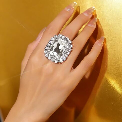 Rhinestone Ring for Women Sparkling Square Crystal Ring Princess Costume Rings Open Water Drop Ring Adjustable Rheinstone Rings Wedding Evening Party Jewelry in Saudi Arabia