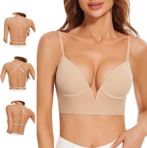 Women Low Back Bras-Invisible Backless Bra-Seamless Secret Plunge Bra No Show Bra Multiway Low-Cut Deep-V Halter Bra in Saudi Arabia