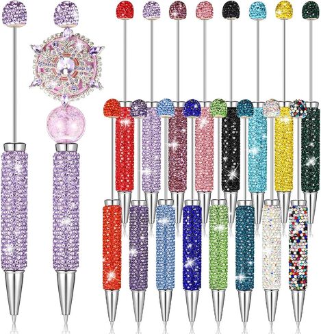 Tondiamo 16 Pcs Full Rhinestones Beadable Pens Glitter Fancy Pens Bulk for Beads DIY Luxury Diamond Beaded Pen Sparkly Cute Journalling Ballpoint Fun Bling Ballpoint for DIY Craft Making in Saudi Arabia