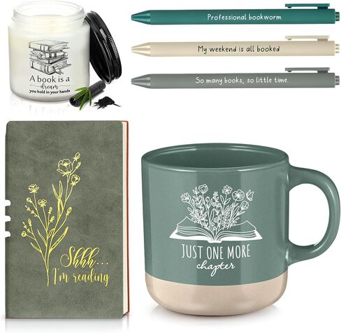 Baderke Book Lover Gifts for Women Men 6 Pcs Bookish Reading Accessories A6 Notebook Ballpoint Pen Ceramic Cup Candle Reading Club Gift for Bookworm Reader Librarian(Brown) in Saudi Arabia