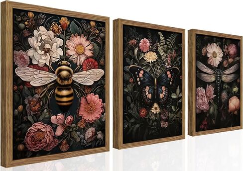 Vintage Insect Wall Art, Dark Moody Dragonfly Butterfly Bee Animal Wall Decor Paintings, Gothic Nature Floral Botanical Prints Pictures for Living Room Bedroom Home Decor 12x16 Inch Wood Framed in Saudi Arabia