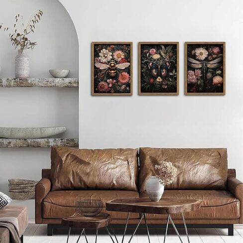 Vintage Insect Wall Art, Dark Moody Dragonfly Butterfly Bee Animal Wall Decor Paintings, Gothic Nature Floral Botanical Prints Pictures for Living Room Bedroom Home Decor 12x16 Inch Wood Framed in Saudi Arabia