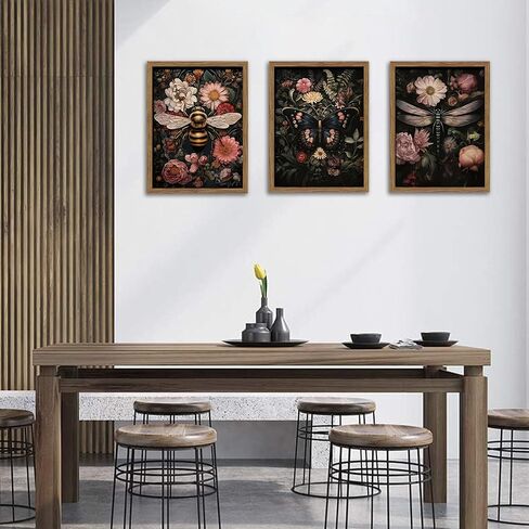 Vintage Insect Wall Art, Dark Moody Dragonfly Butterfly Bee Animal Wall Decor Paintings, Gothic Nature Floral Botanical Prints Pictures for Living Room Bedroom Home Decor 12x16 Inch Wood Framed in Saudi Arabia