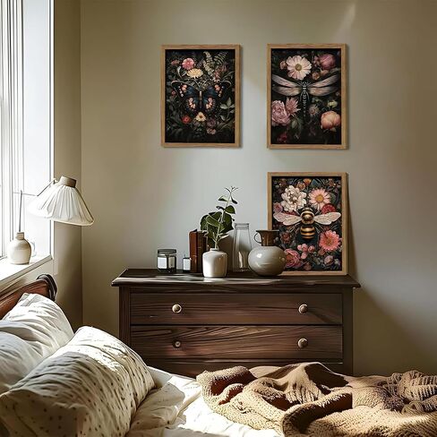Vintage Insect Wall Art, Dark Moody Dragonfly Butterfly Bee Animal Wall Decor Paintings, Gothic Nature Floral Botanical Prints Pictures for Living Room Bedroom Home Decor 12x16 Inch Wood Framed in Saudi Arabia